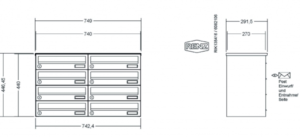 RENZ Briefkastenanlage, Aufputz, Classic Basic B, Edelstahl V4A, Kastenformat 370x110x270mm, 8-teilig